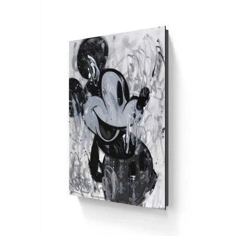 A black and white painting of mickey mouse