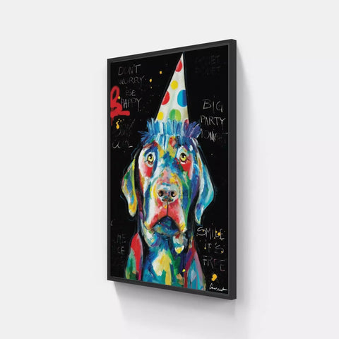 A colorful dog painting on a wall