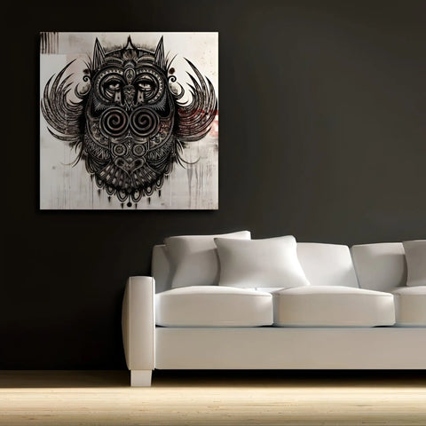 A large black and white owl painting on a wall