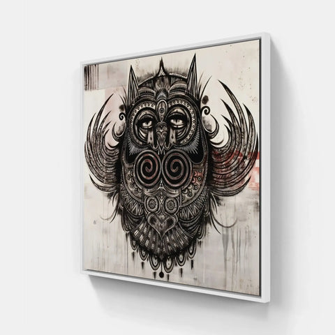 An owl with a tribal pattern on its head mounted on a wall