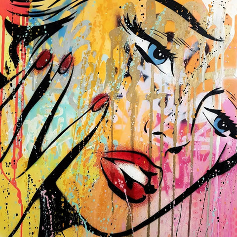 A painting of a woman’s face with colorful paint splats