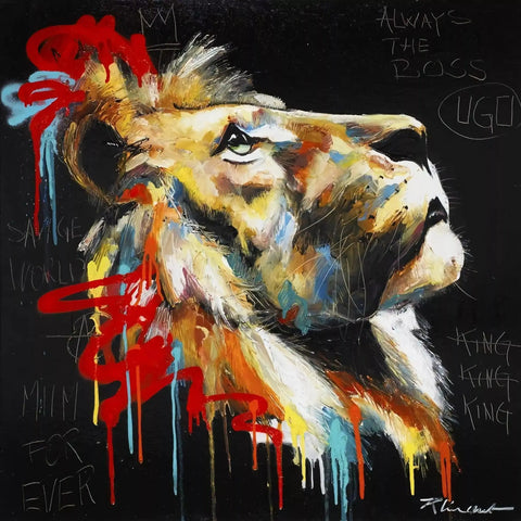 A painting of a goat with red paint on it