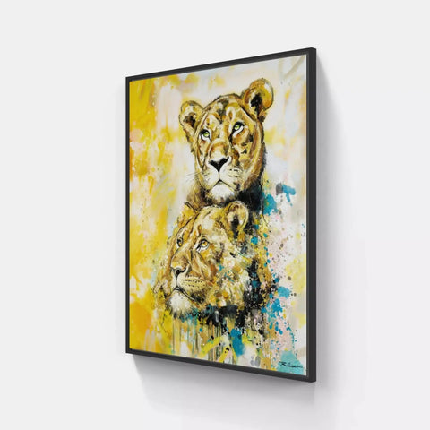 A painting of two lions on a wall