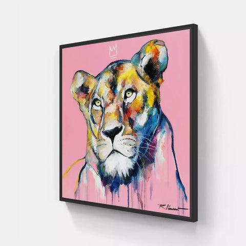 A painting of a lion on a pink background