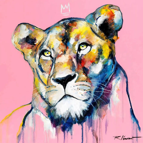 A painting of a lion on a pink background