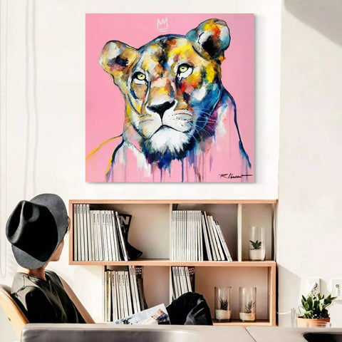 A painting of a lion on a pink background