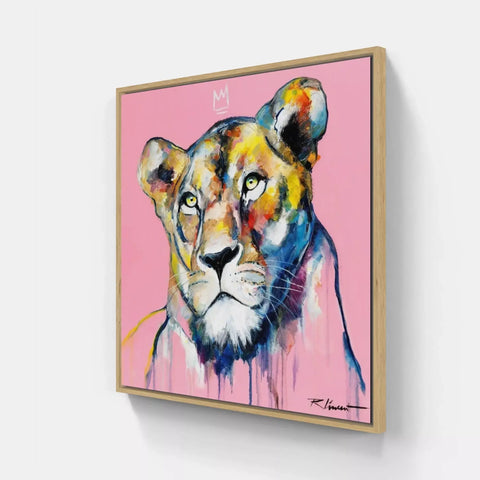 A painting of a lion on a pink background