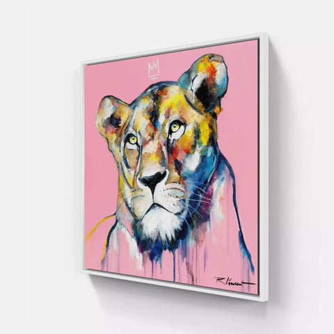 A pink and yellow painting of a lion