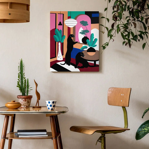 A painting on a wall above a table