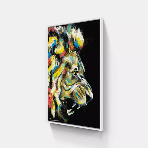 A painting of a lion on a white wall