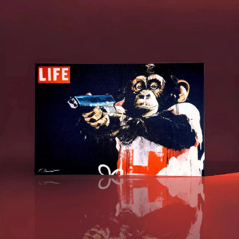 A painting of a monkey holding a gun