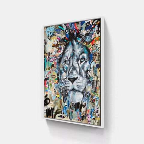 A large canvas with a lion’s face surrounded by graffiti art