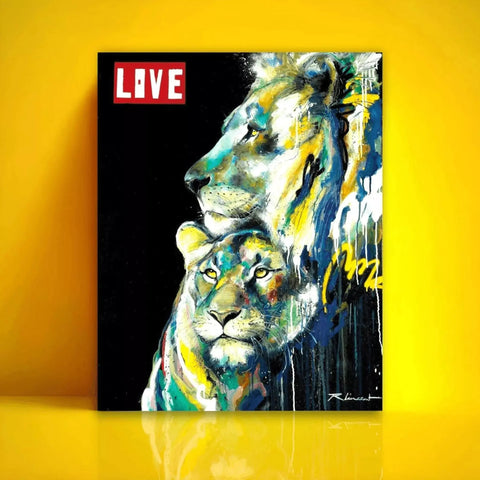 A painting of a lion on a yellow wall