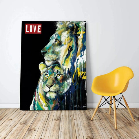 A yellow chair and a painting of a lion