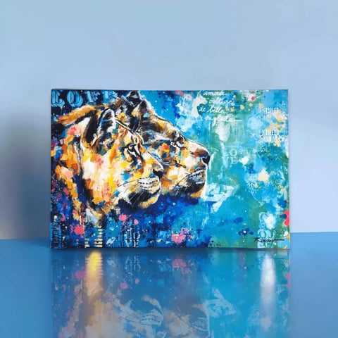 A painting of a tiger on a blue background