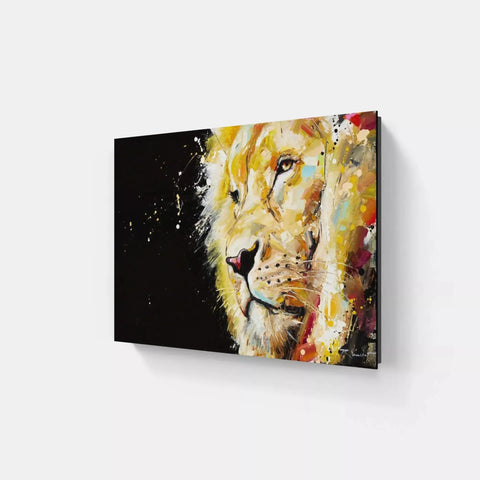 A painting of a lion on a white wall