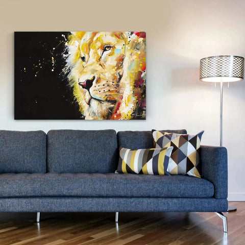 A large canvas painting of a lion on a wall