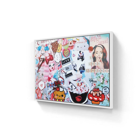 Colorful collage artwork featuring various pop culture images and text in a framed canvas format.