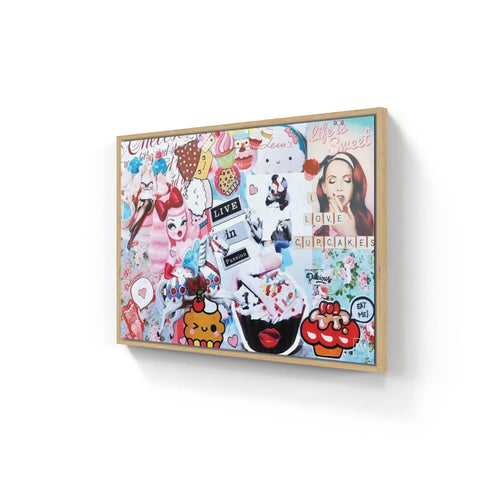 Colorful collage artwork featuring various pop culture images and text in a framed canvas.