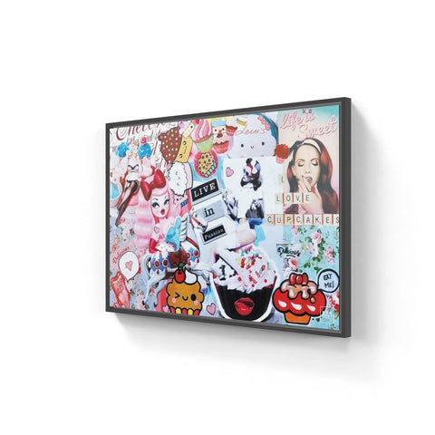 Framed collage artwork featuring a vibrant mix of pop culture images, cartoons, and text.