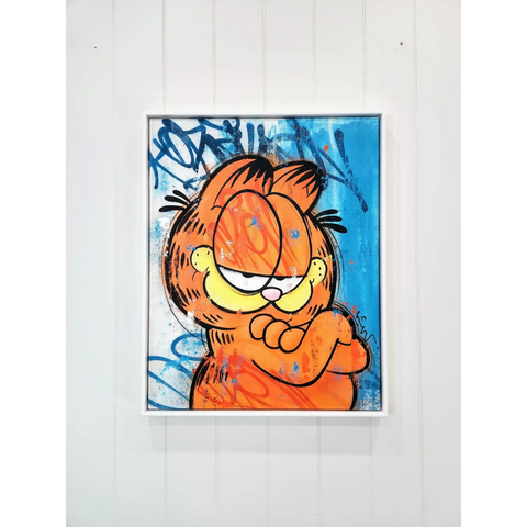 A painting of garfield the cat on a wall