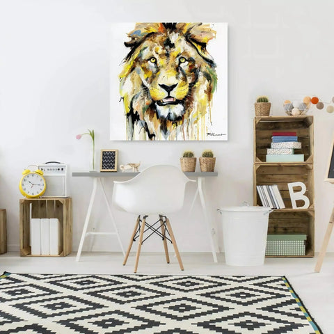 A lion painting on a wall in a room