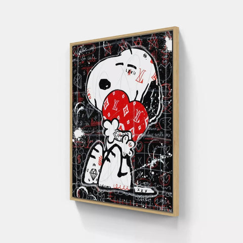 A painting of a snoopy dog holding a red balloon