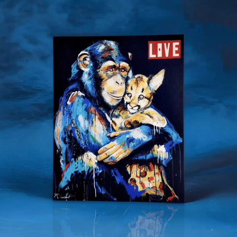 A painting of a monkey holding a cat