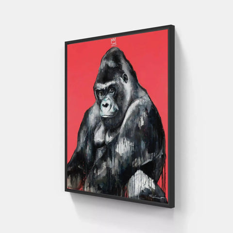 A gorilla on a red background with a black frame