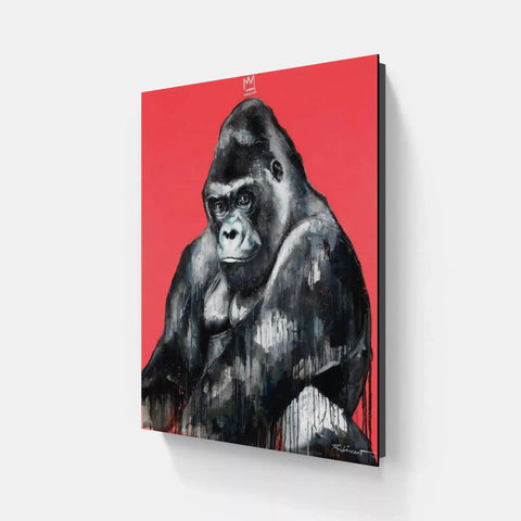 A painting of a gorilla on a red background