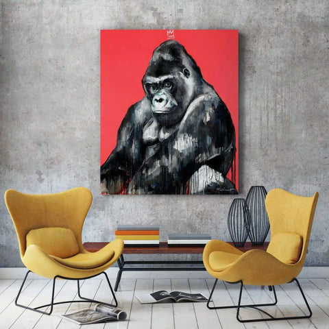 A painting of a gorilla on a red background