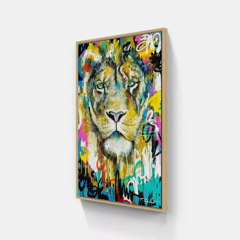 A painting of a lion on a wall