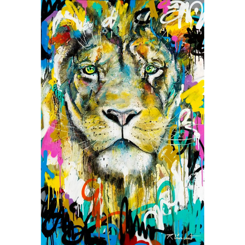 A painting of a lion with colorful paint splats