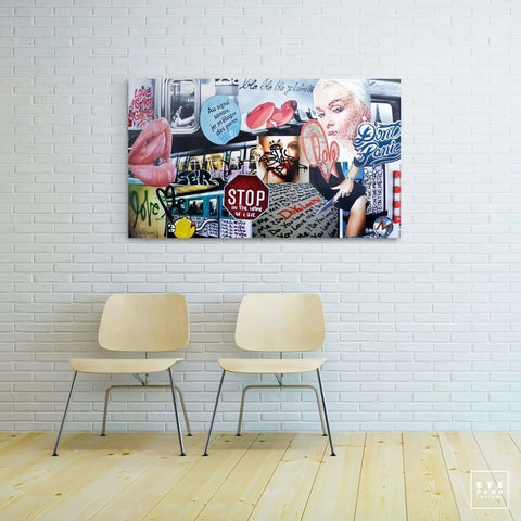 Colorful pop art collage canvas featuring urban imagery and a blonde figure.