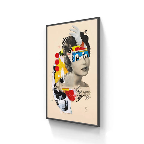 Framed collage artwork featuring a portrait overlaid with colorful abstract elements and text fragments.