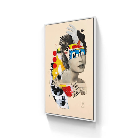 Surrealist collage artwork featuring a fragmented portrait with colorful abstract elements.