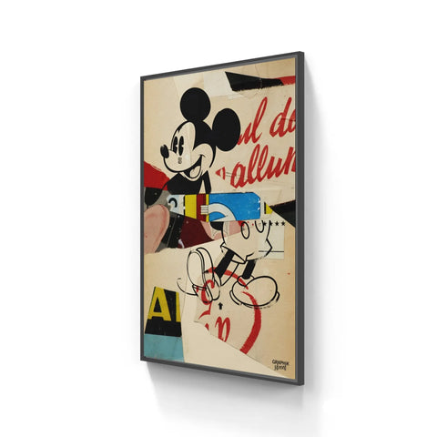 Framed artwork featuring Mickey Mouse in a stylized, abstract design with red text.