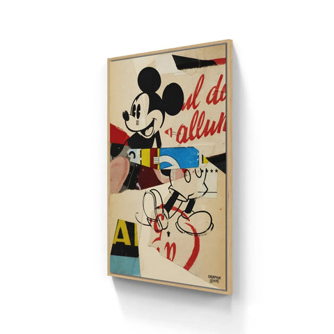 Framed artwork featuring Mickey Mouse in a stylized, abstract design with red text.