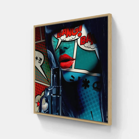 A framed print of a woman with red lips and a comic book