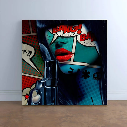 A painting of a woman with red lips and a comic book