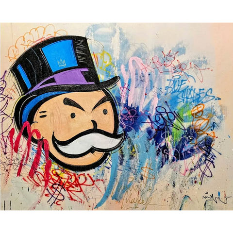 Monopoly man head with colorful graffiti.