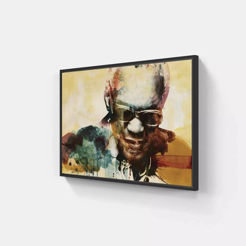 A framed print of a man with sunglasses on a wall