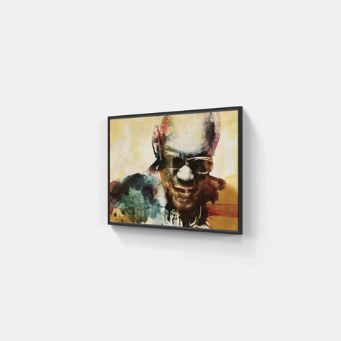 A painting of a man with sunglasses on a wall