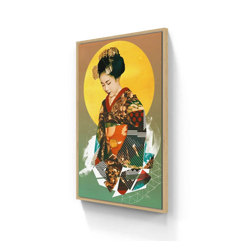 Framed artwork depicting a geisha in a colorful kimono against a yellow and green background.