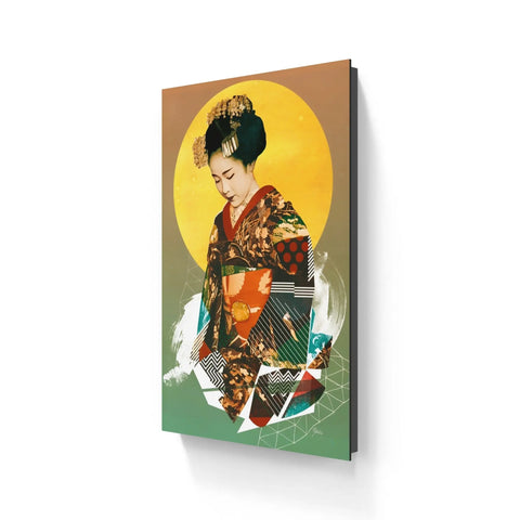 Colorful artwork depicting a geisha in traditional Japanese attire against a stylized background.