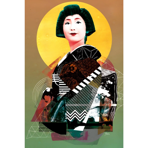 Stylized portrait of a geisha with a vibrant, abstract kimono design against a yellow circular backdrop.