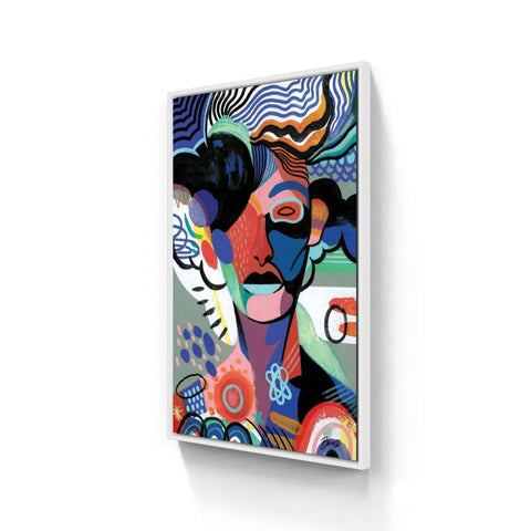 Abstract, colorful painting depicting a stylized face with geometric shapes and swirling patterns.