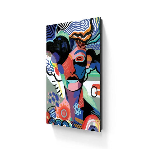 Colorful abstract portrait painting with geometric shapes and patterns.