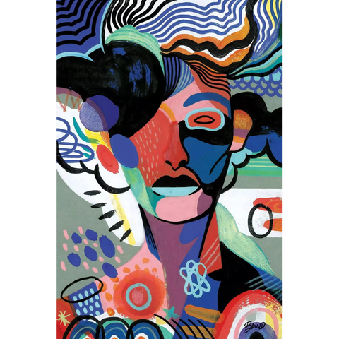 Colorful abstract portrait with geometric patterns and vibrant shapes.