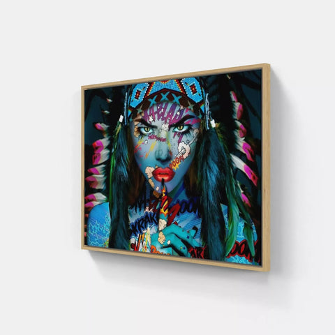 A framed print of a woman with feathers on her head